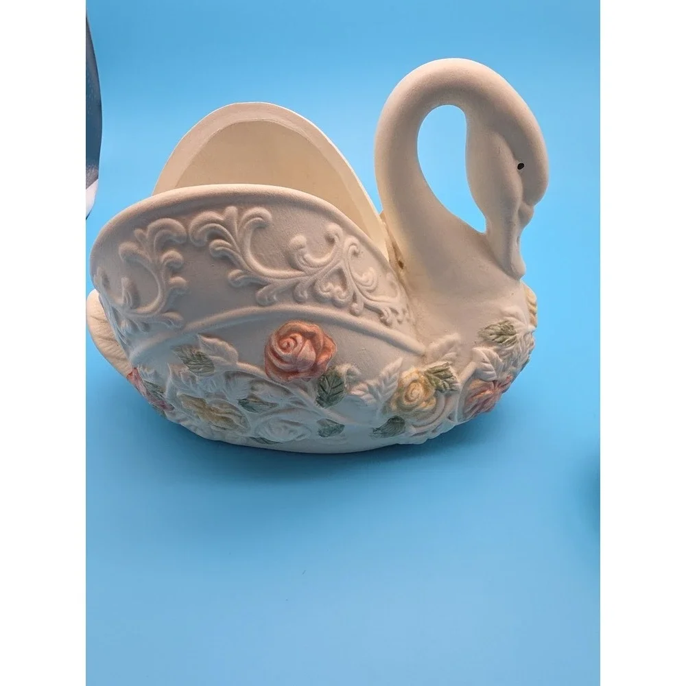 Vintage White Swan Planter Catch All And Trinket Dish Heart‎ Floral  Decor 3D